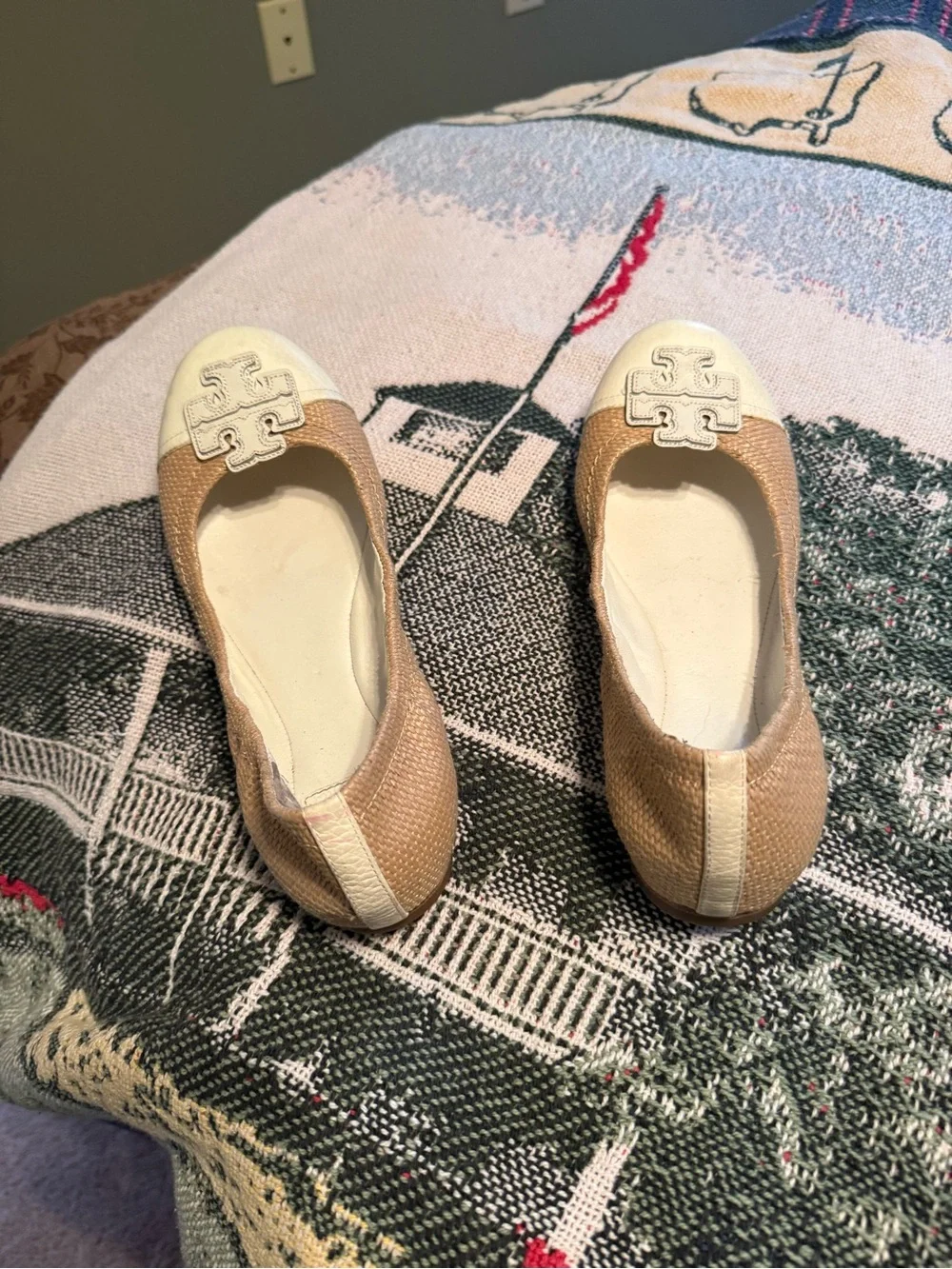 Tory Burch Beige Ballet Flats with Cream Logo Cap
